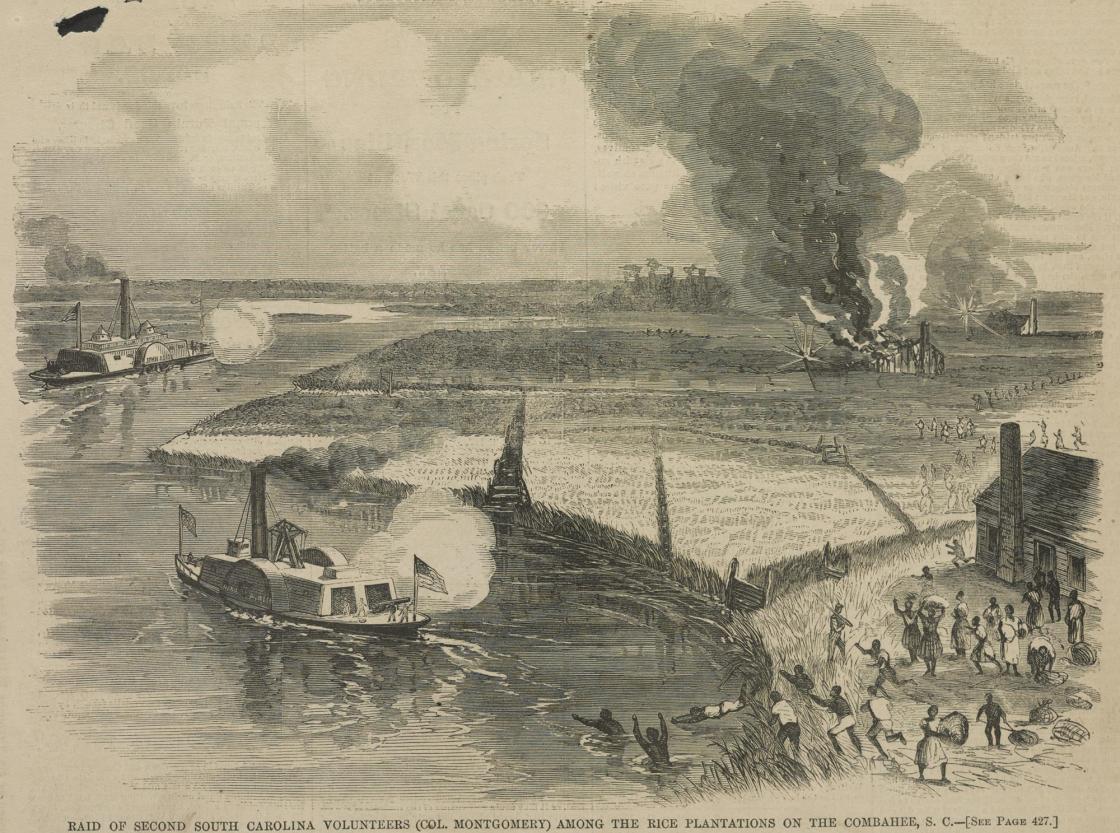 Illustration shows slaves escaping to a Union ship as buildings burn in the distance.