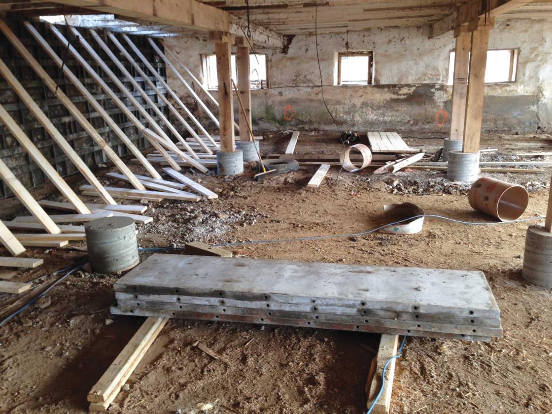The restoration of the interior of the Reel Barn in process in 2014.