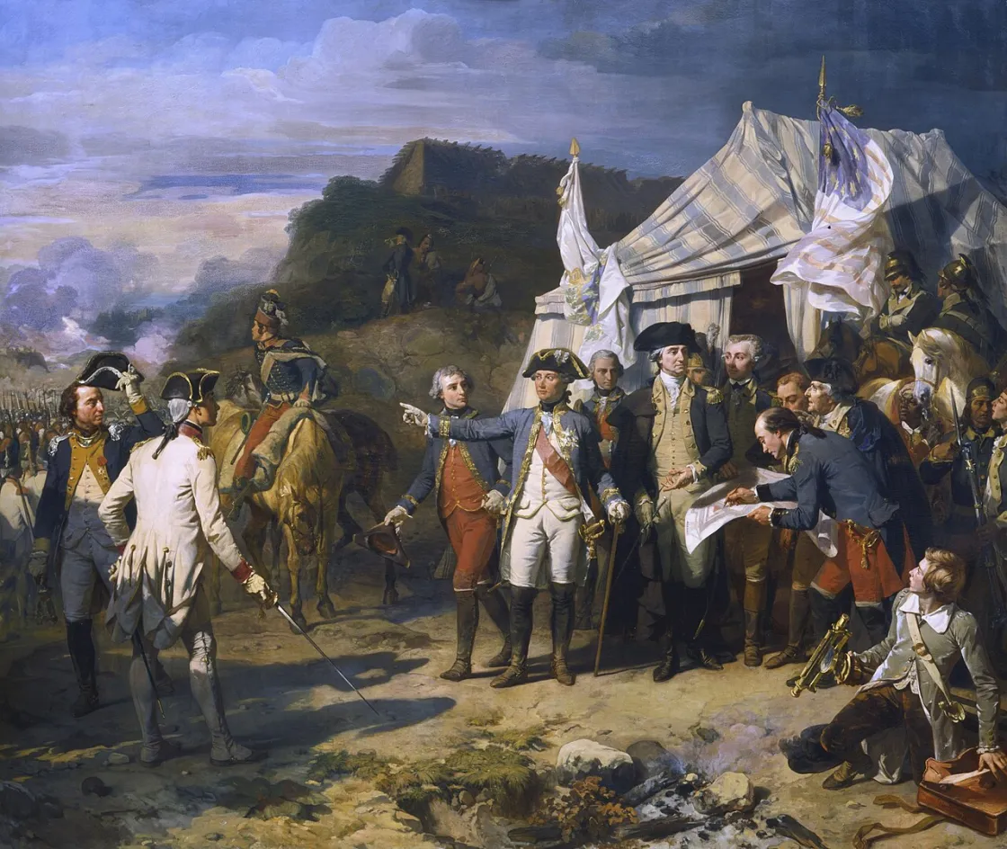 Historical painting depicting George Washington and allied French commanders, including the Comte de Rochambeau and Marquis de Lafayette, during the 1781 Siege of Yorktown.