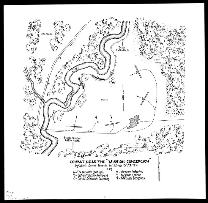 This map depicts the combat at the Battle of Concepcion, during the Siege of Bexar, October 28, 1835.