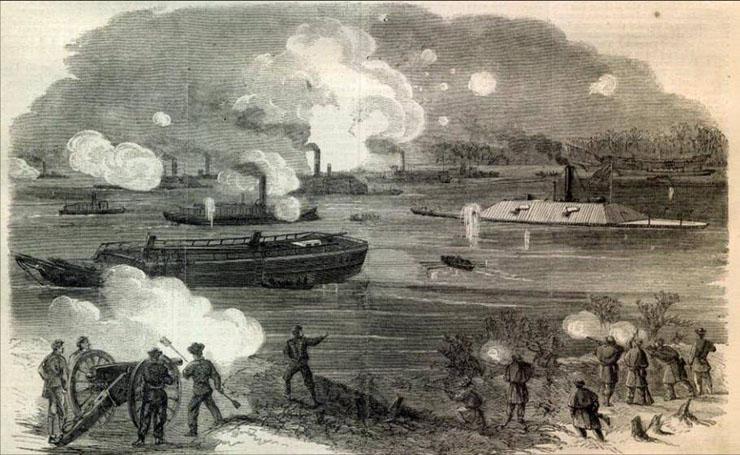 A sketch by Alfred Waud ,showing the Confederate fleet breaking through at Trent's Reach