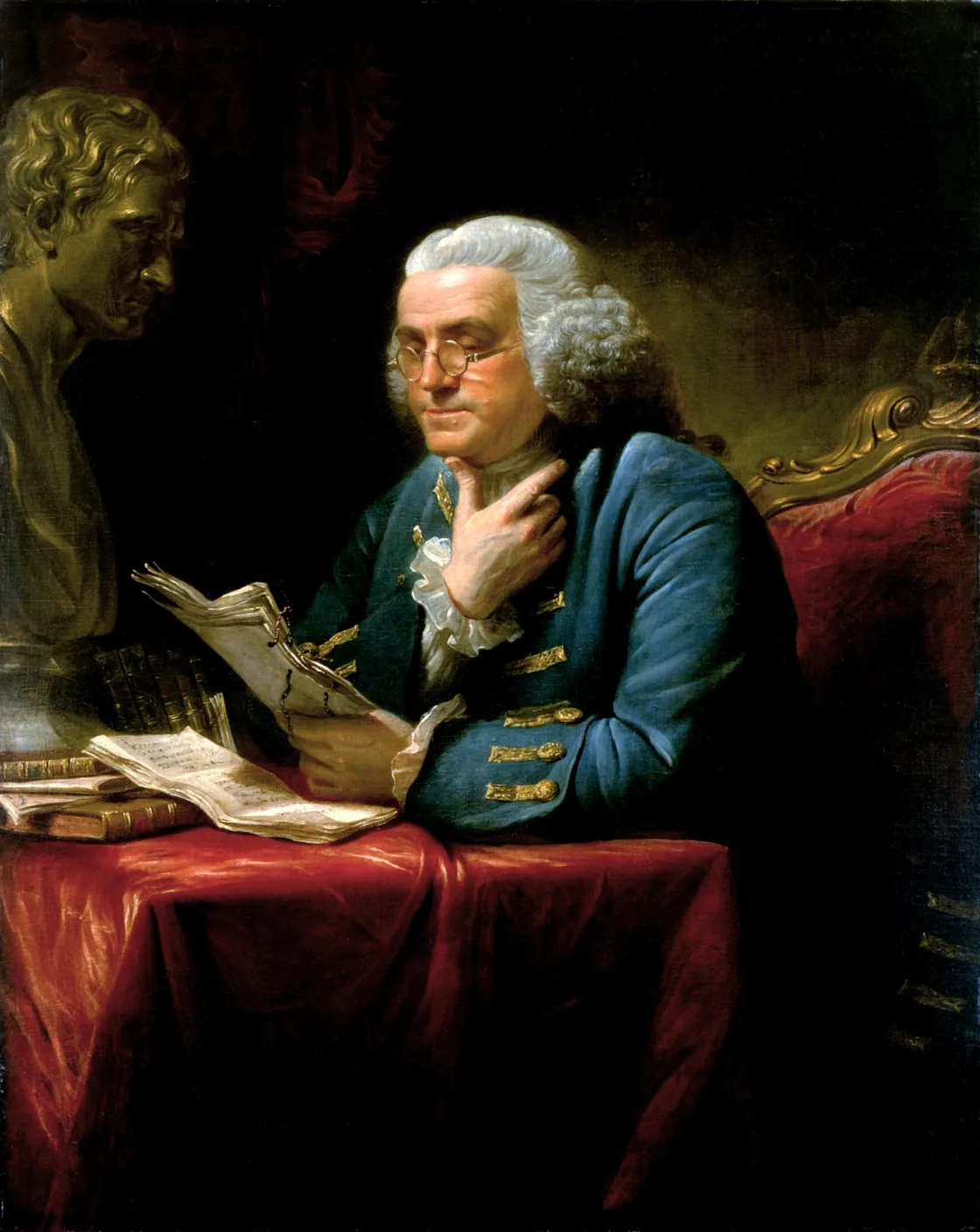 Portrait of Benjamin Franklin seated in contemplation with his thumb resting against his chin, holding a document in his lap and surrounded by books, with a bust of Isaac Newton behind him.