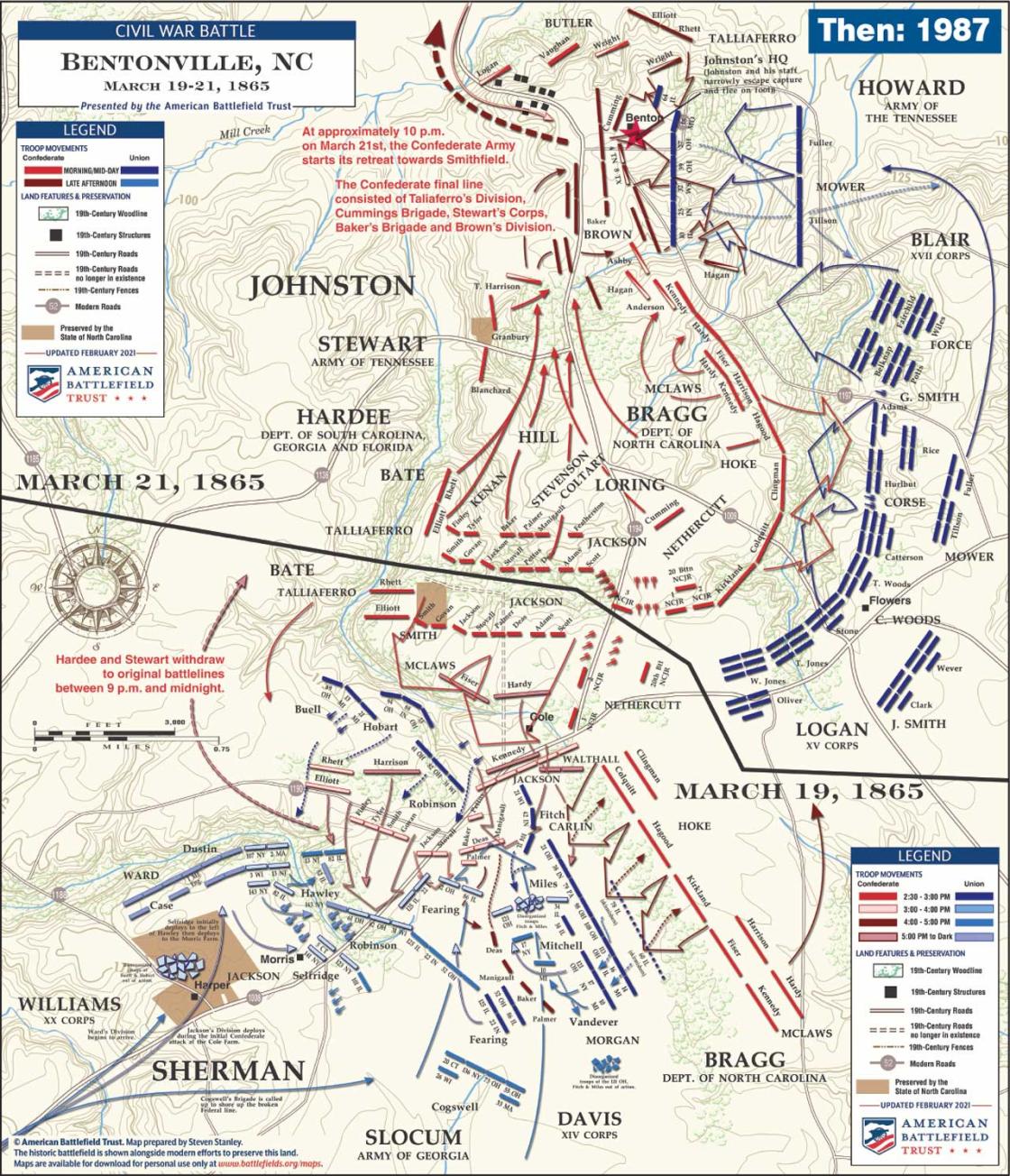 A map of the Battle of Bentonville showing little land preservation in 1987
