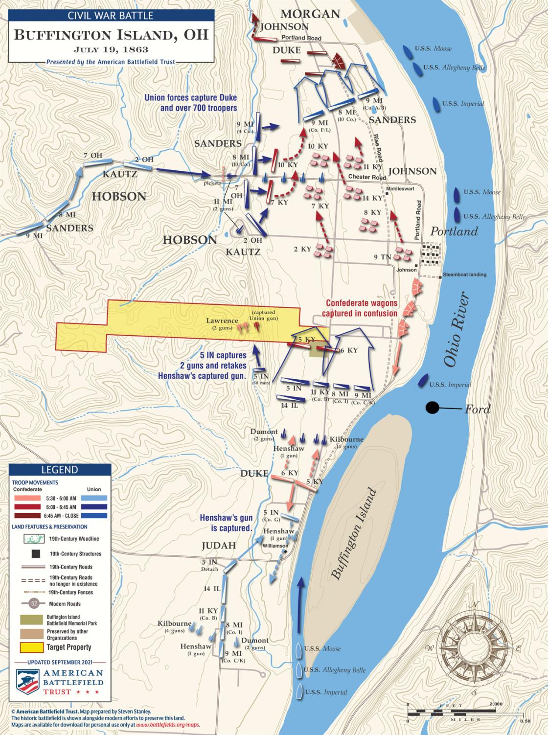 A battle map of troop movements at the Battle of Buffington Island