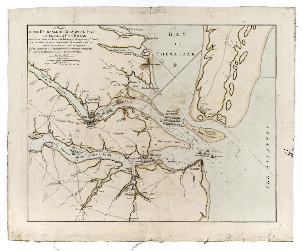 A map showing the positions of American, French, and British forces in the Chesapeake during the Revolutionary War.