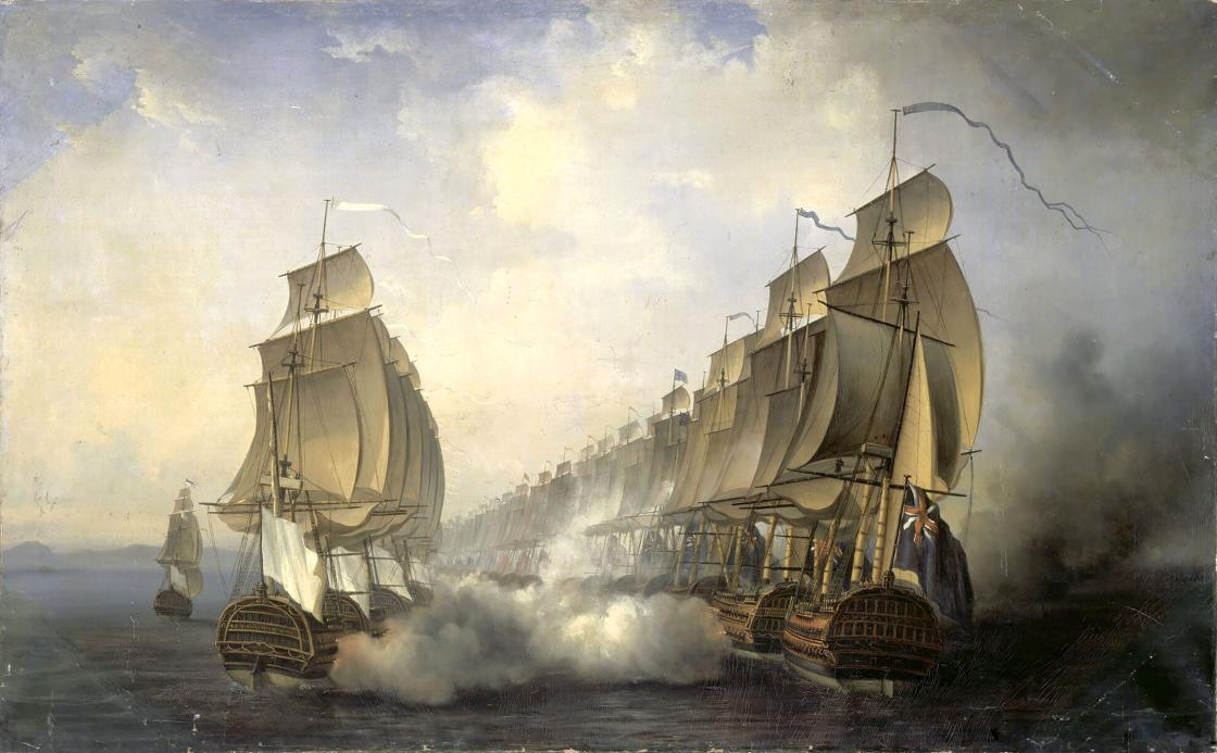 Painting showing a naval battle with orderly rows upon rows of ships lined up shooting at each other