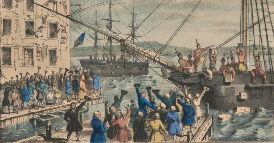 This is an image of colonial civilians dumping tea from a ship into Boston Harbor.