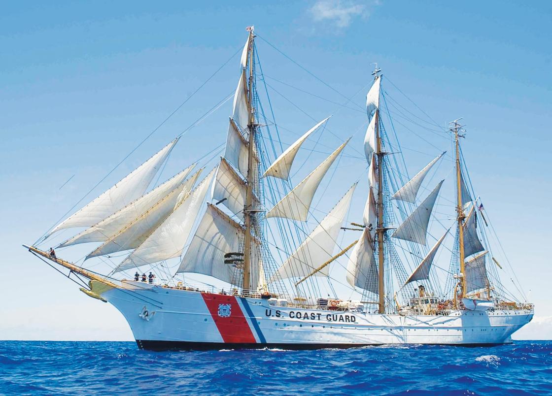 Tall sailing ship with U.S. Coast Guard insignia