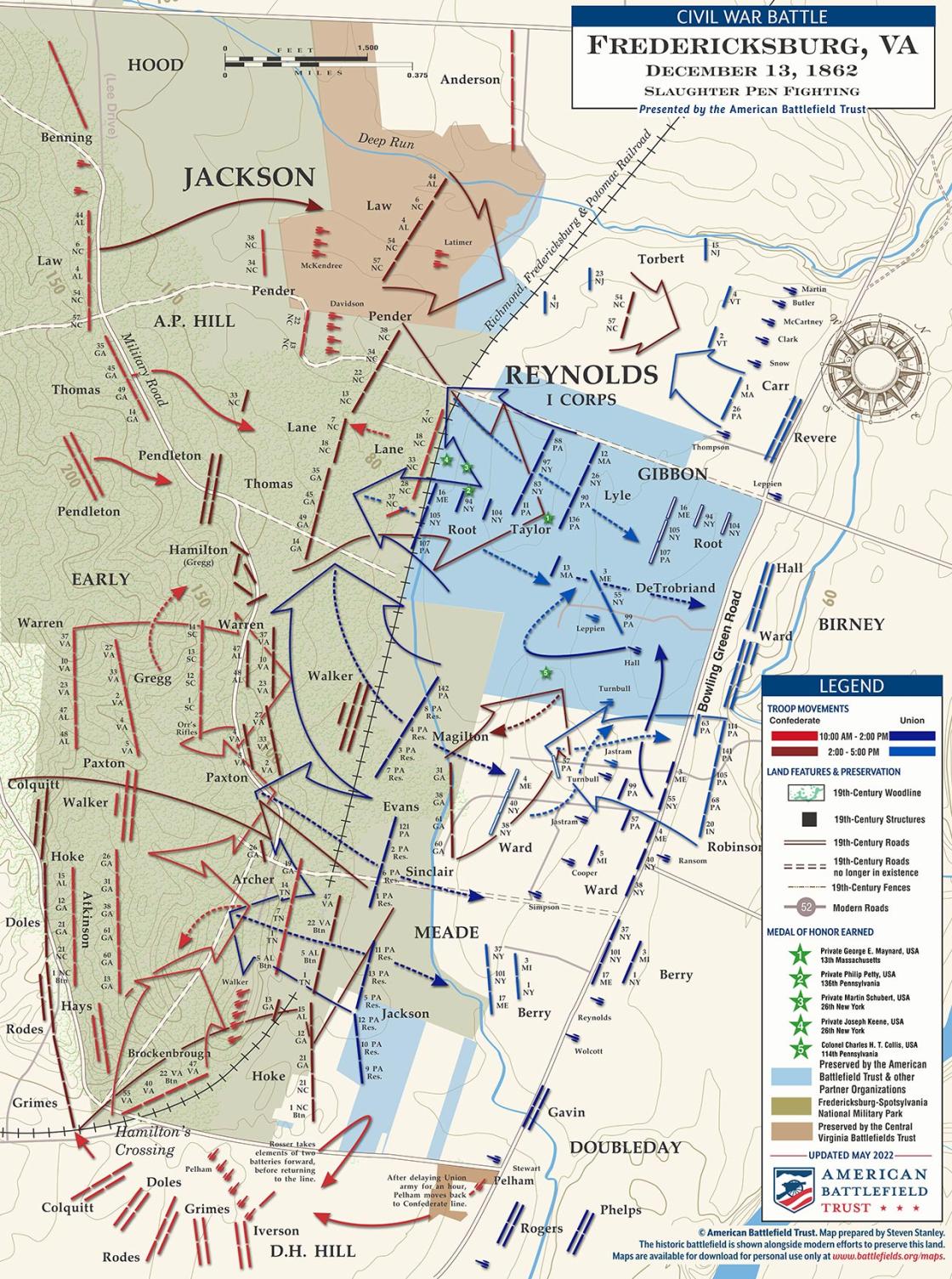 A battle map of troop movements at Slaughter Pen Farm on Dec 13, 1862