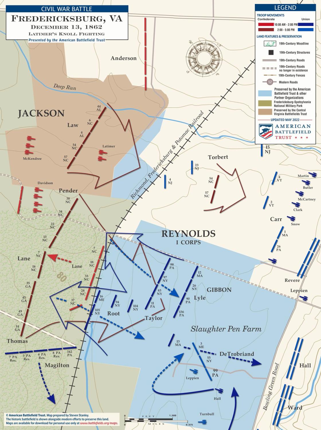 A battle map of troop movements at Latimer’s Knoll on December 13, 1862