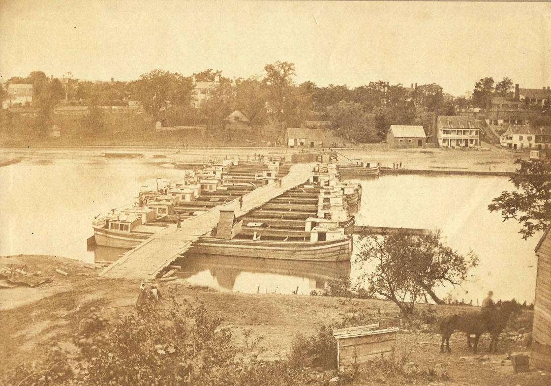 Canal boat bridge built by the U.S. Army. June 1862