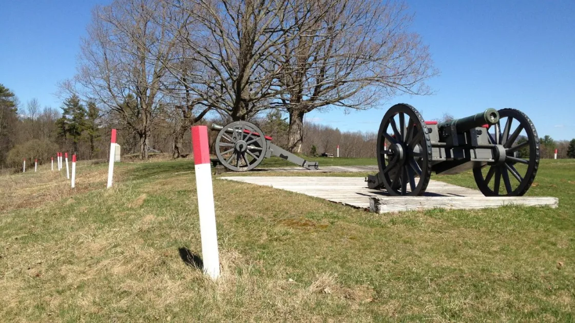 Two historic field cannons stand on wooden platforms in an open grassy area.