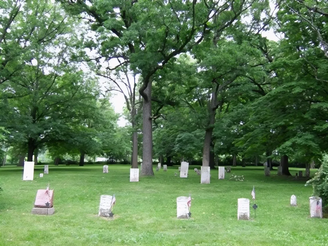 A sloping grassy hill with white tombstones and trees in the background.