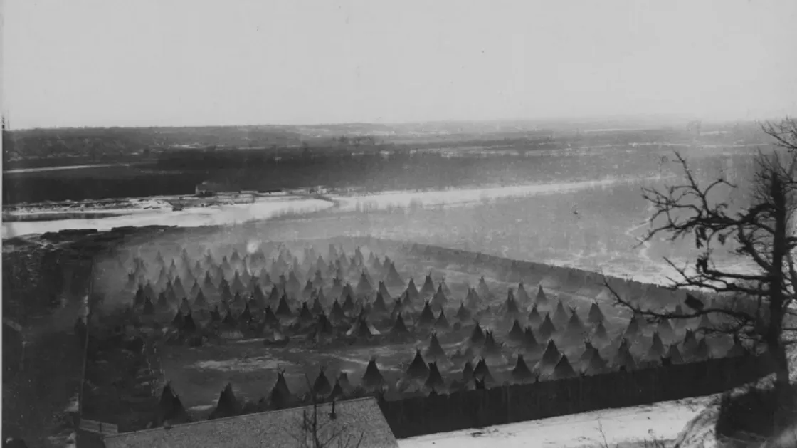 Internment camp at Pike Island on the Minnesota River below Fort Snelling, Minnesota.