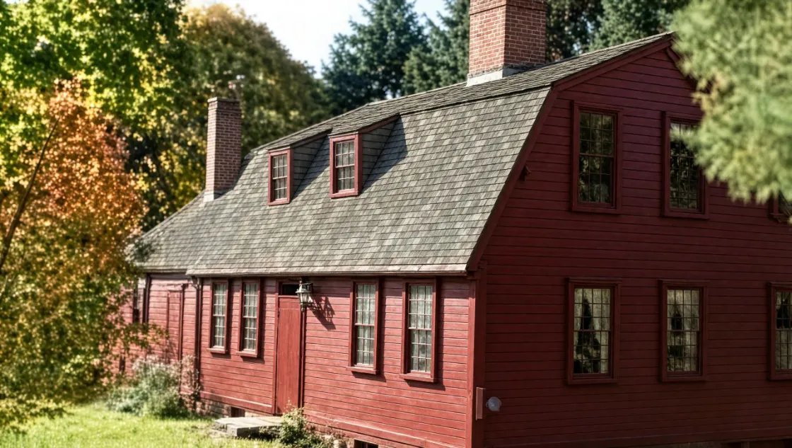 Red gambrel-roof farmhouse built in 1764-1778 with center fireplace