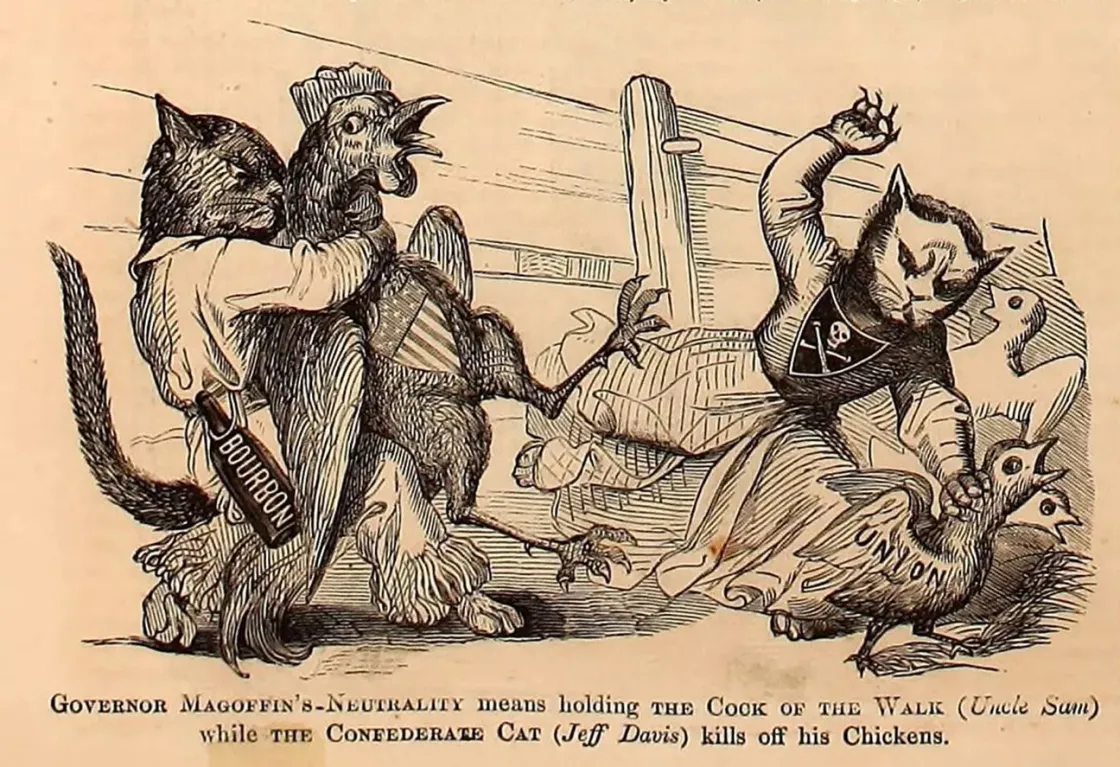 Political cartoon depicting Kentucky Governor Beriah Magoffin's neutrality policy during the Civil War, with Uncle Sam restraining the governor while Confederate President Jefferson Davis, portrayed as a cat, attacks the nation's chickens.