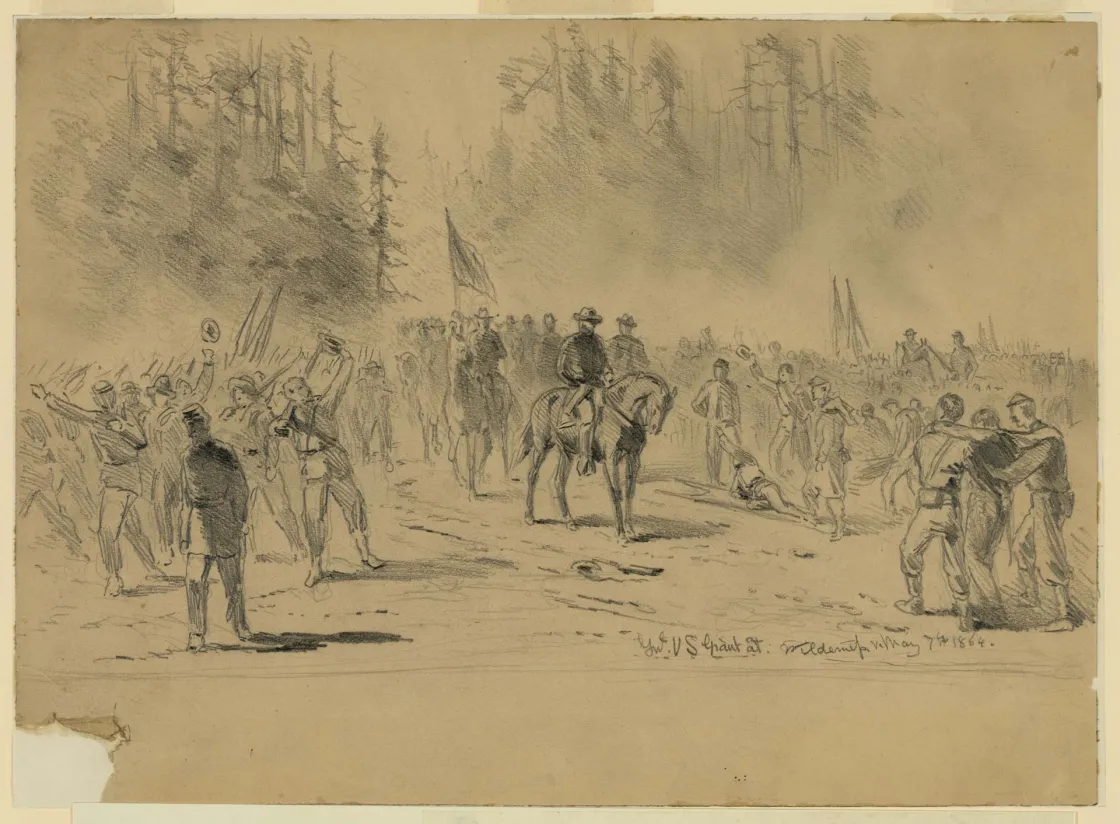 Civil War field sketch depicting General Ulysses S. Grant and Union troops during the Wilderness Campaign in Virginia.