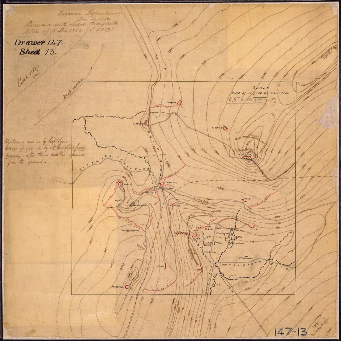 Shows the Confederate fortifications at Cumberland Gap in 1862-1863 