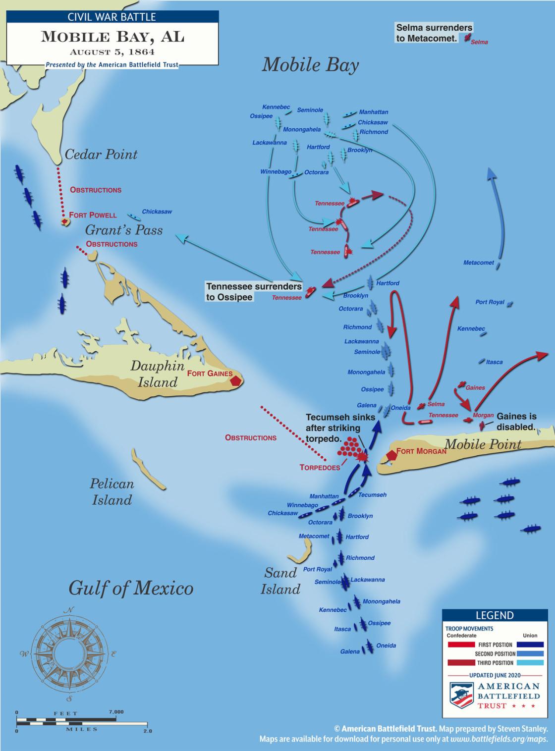 A map of the Battle of Mobile Bay on August 5, 1864.