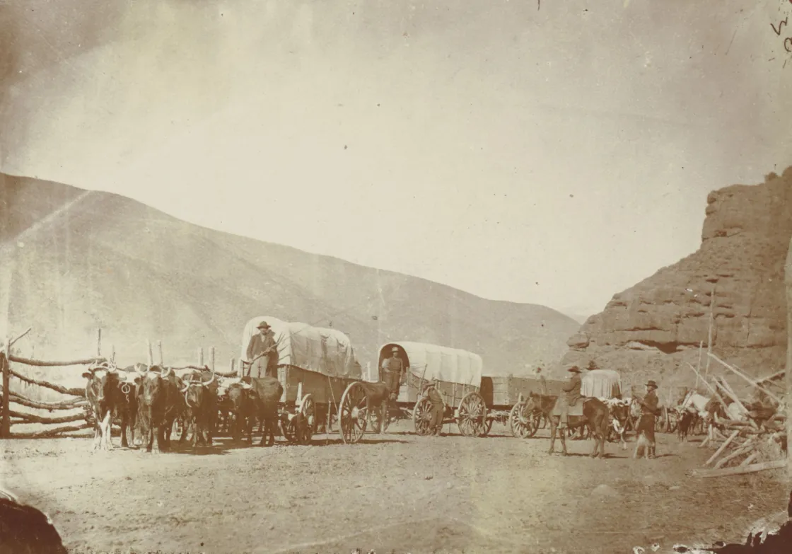 Mormon pioneer wagon train in Echo Canyon, 1866