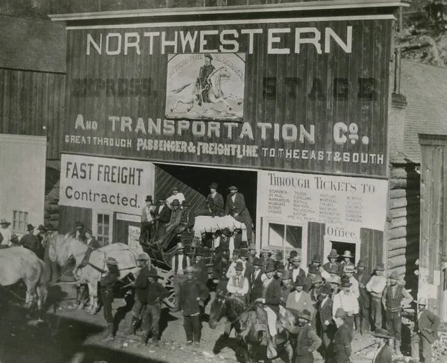 Old Deadwood coach at the office, Deadwood, South Dakota, ca. 1880s
