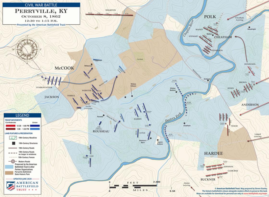 A map of the Battle of Perryville depicting the troop movements between 12:30pm to 1:15pm on October 8, 1862.