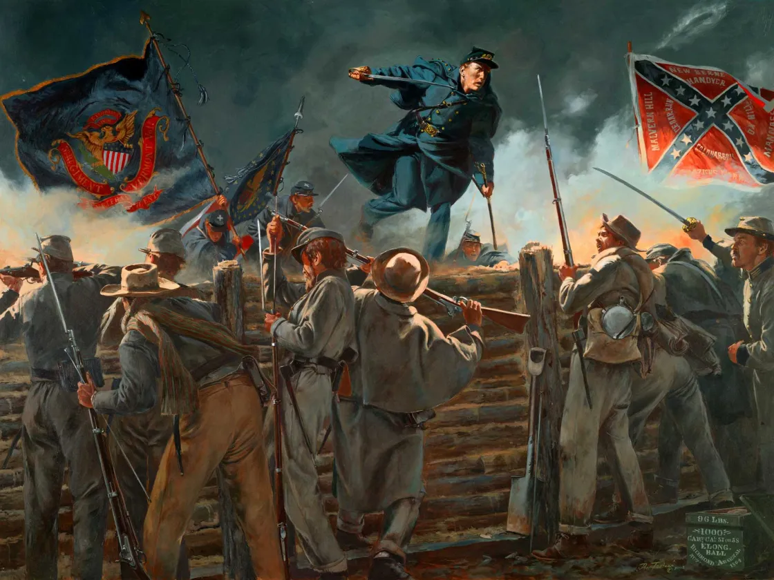 An oil painting of Captain Charles G. Gould of the 5th Vermont Veteran Volunteers leaping into the earthworks defended by the 37th North Carolina