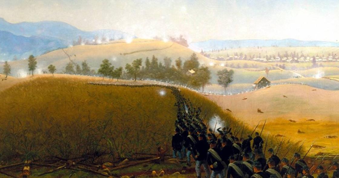 A detail of a painting showing Union soldiers attacking in the direction of the Piper Orchard
