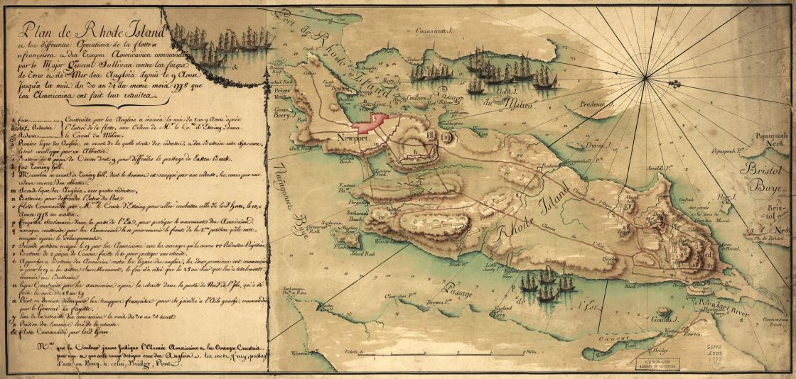 Old map with 'Plan de Road Island' text on the left and map on the right