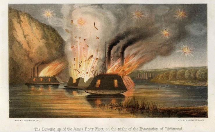 A painting of the blowing up of the James River Squadron