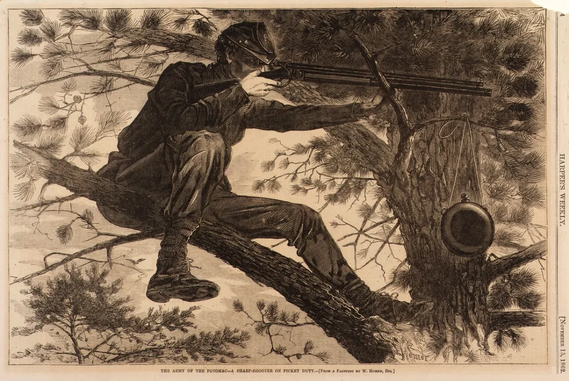 An engraving of a Union sharpshooter perched in a tree, created from a drawing made by Winslow Homer.