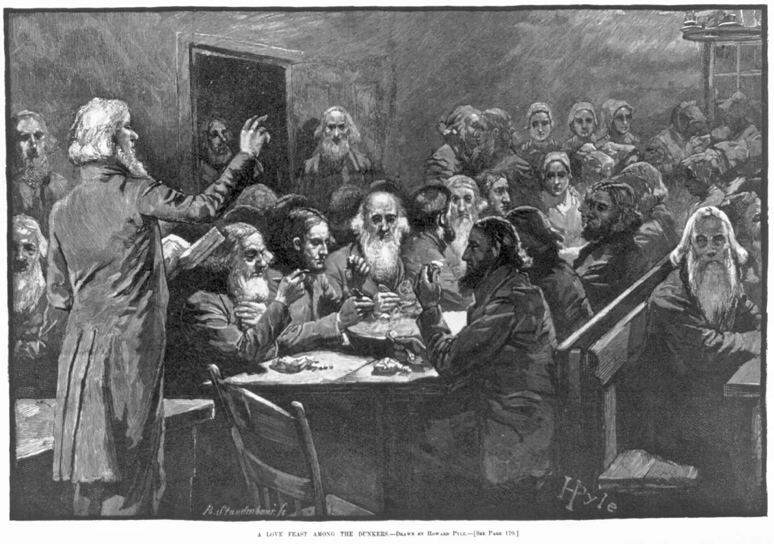 An engraving of a Dunker religious gathering