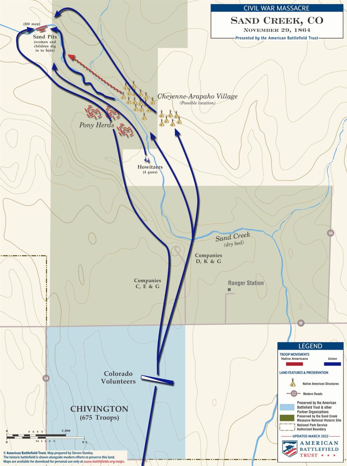 American Battlefield Trust’s map of the Battle of Sand Creek, Colorado on November 29, 1864