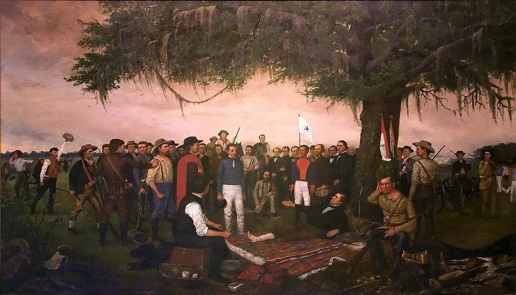 Mexican General Santa Anna surrendering to the wounded Sam Houston after the Battle of San Jacinto in 1836