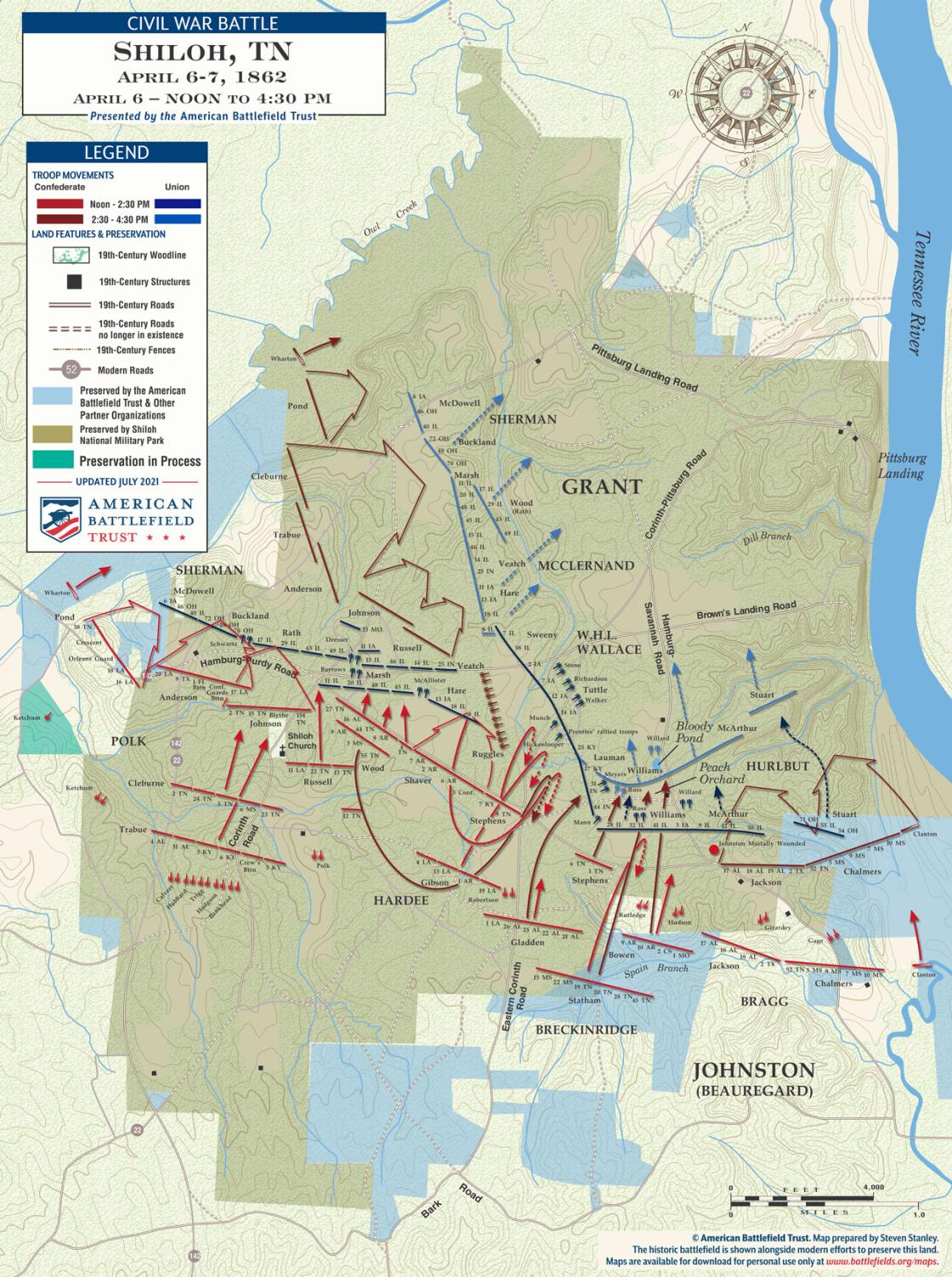 Shiloh - April 6, 1862 - Noon to 4:30pm Battle Map