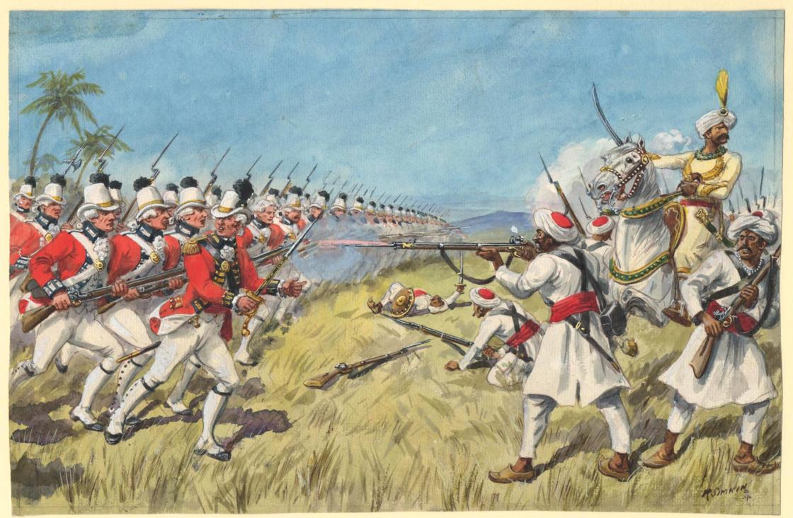 Painting of 1783 troops from Britain and India fighting on a field palm tress