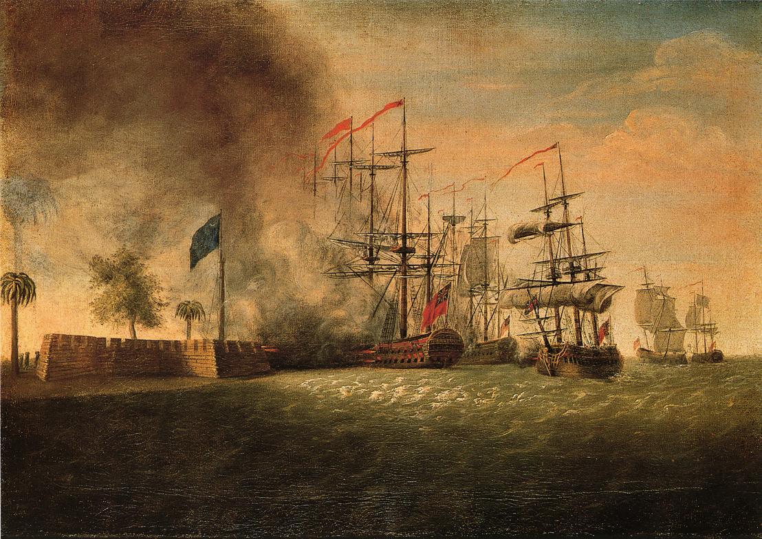 Sir Peter Parker's Attack Against Fort Moultrie, Reproduction of painting by James Peale