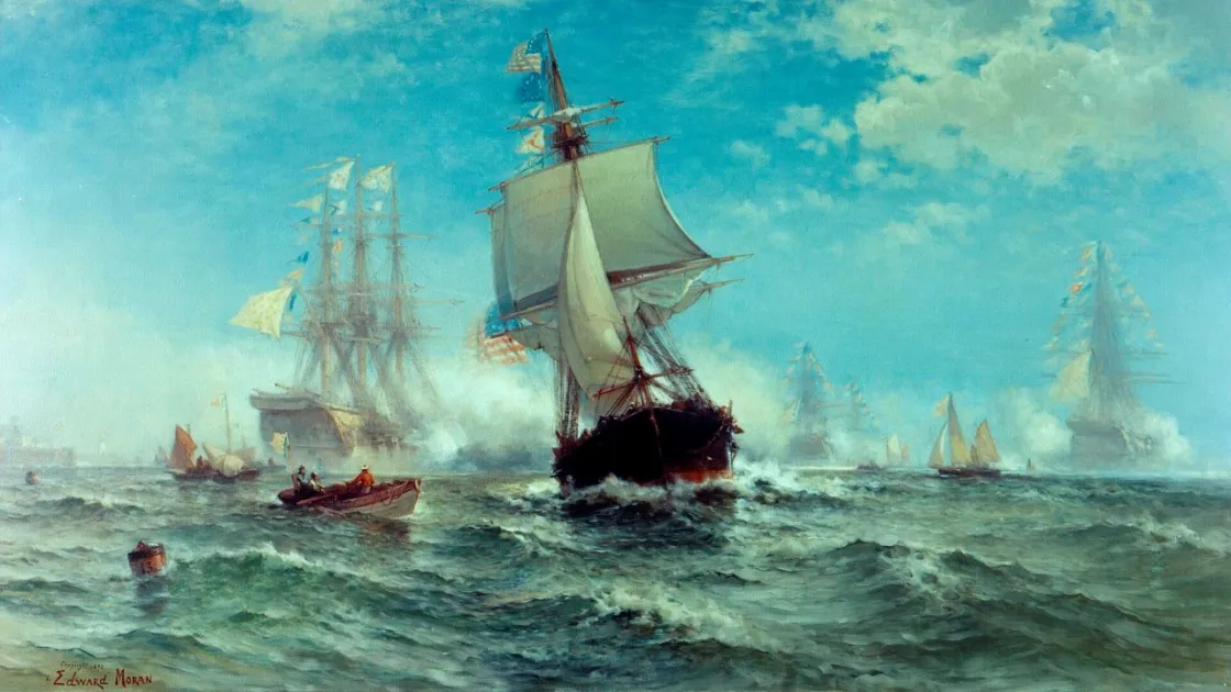 A maritime painting shows several sailing ships on choppy blue water under a bright sky, with a large central vessel and smaller boats in the foreground.