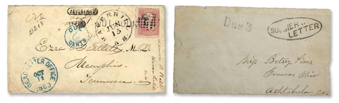 Examples of Soldier’s Letter” stamps on Civil War soldiers' letters