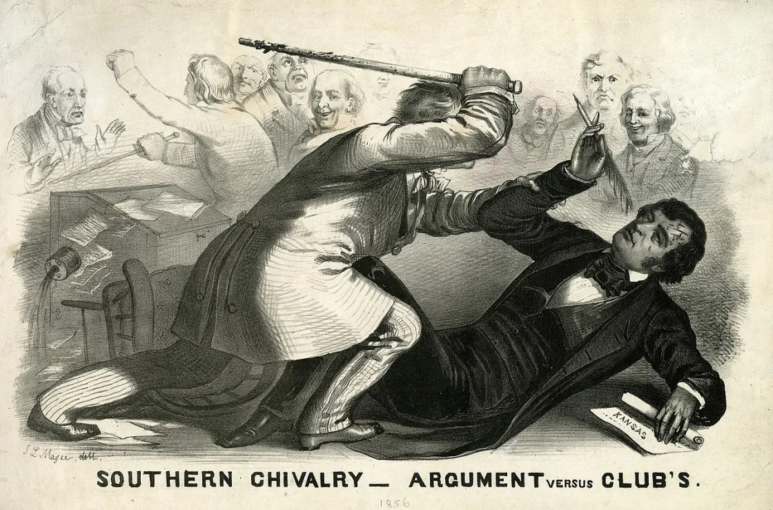 Political caricature of the caning of Charles Sumner, which occurred on May 22, 1856, depicting Sumner on the floor as Preston Brooks lunges at him in retaliation for a speech given by Sumner criticizing slaveholders.