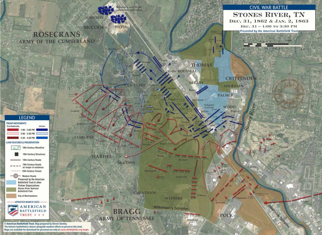 Stones River | Satellite Map | Dec 31, 1862 | 1 pm - 3:30 pm (March 2023)