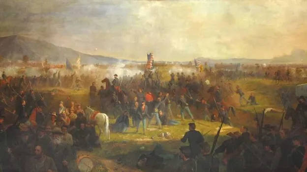Oil painting created by Julian Scott of the Battle of Cedar Creek.