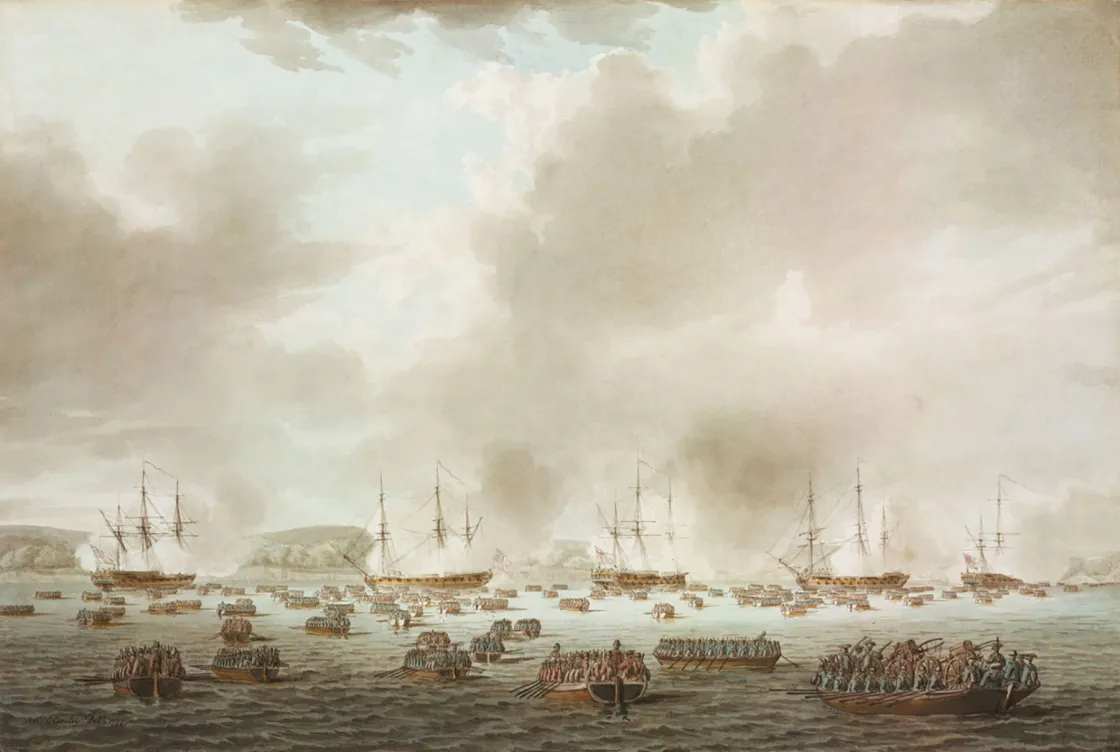 Watercolor depicts British warships bombarding American defenses before an amphibious landing at Kip’s Bay on Manhattan during the New York Campaign.