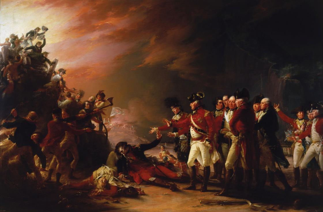 Darkly shaded painting showing a Spanish officer dying with British officers gesturing towards him