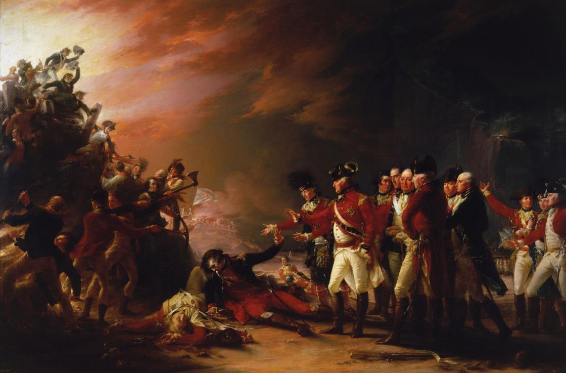 Darkly shaded painting  showing a Spanish officer dying with British officers gesturing towards him