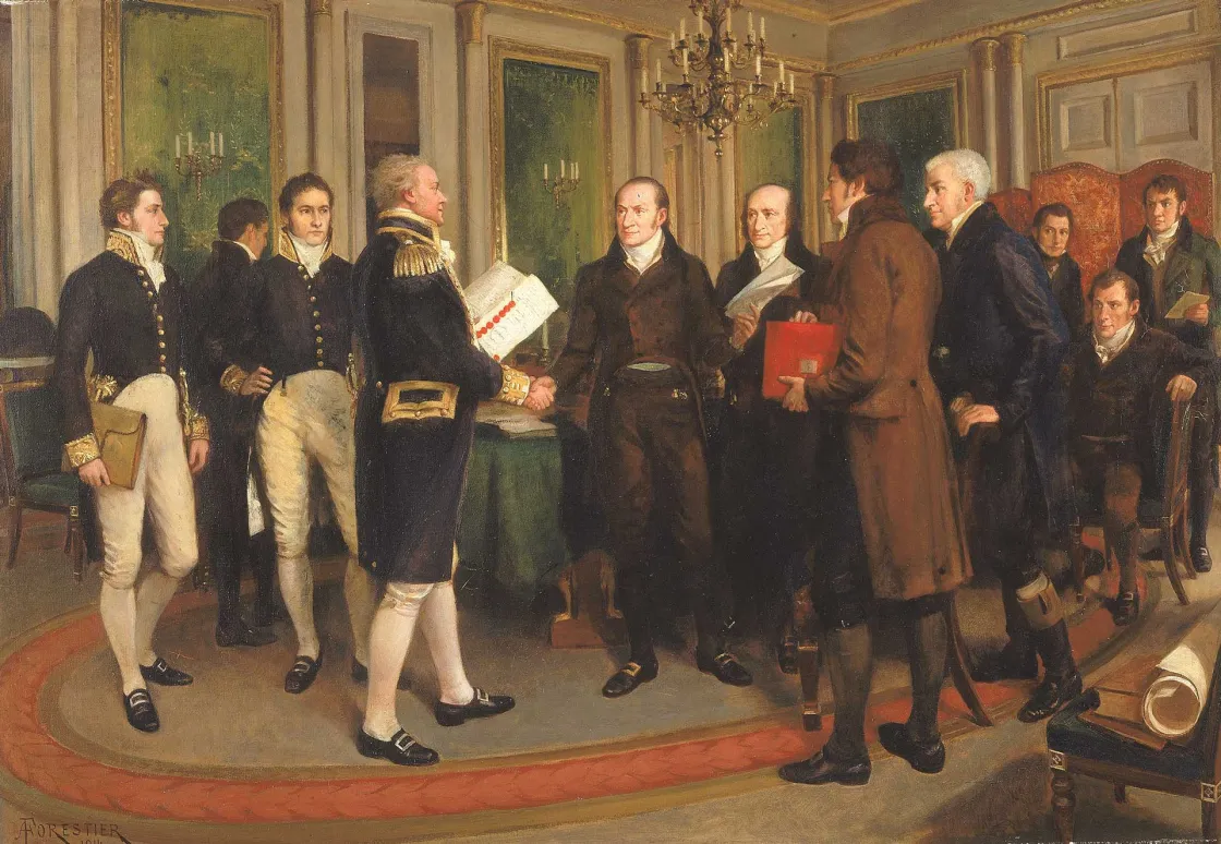 Delegates from the United States and Great Britain gather around a table to sign the Treaty of Ghent, ending the War of 1812, in a formal interior on Christmas Eve 1814.