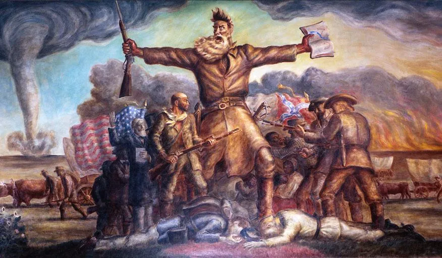 Monumental mural depicting abolitionist John Brown standing amid the violence of "Bleeding Kansas," holding a rifle and a Bible as tornadoes and conflict swirl around him.