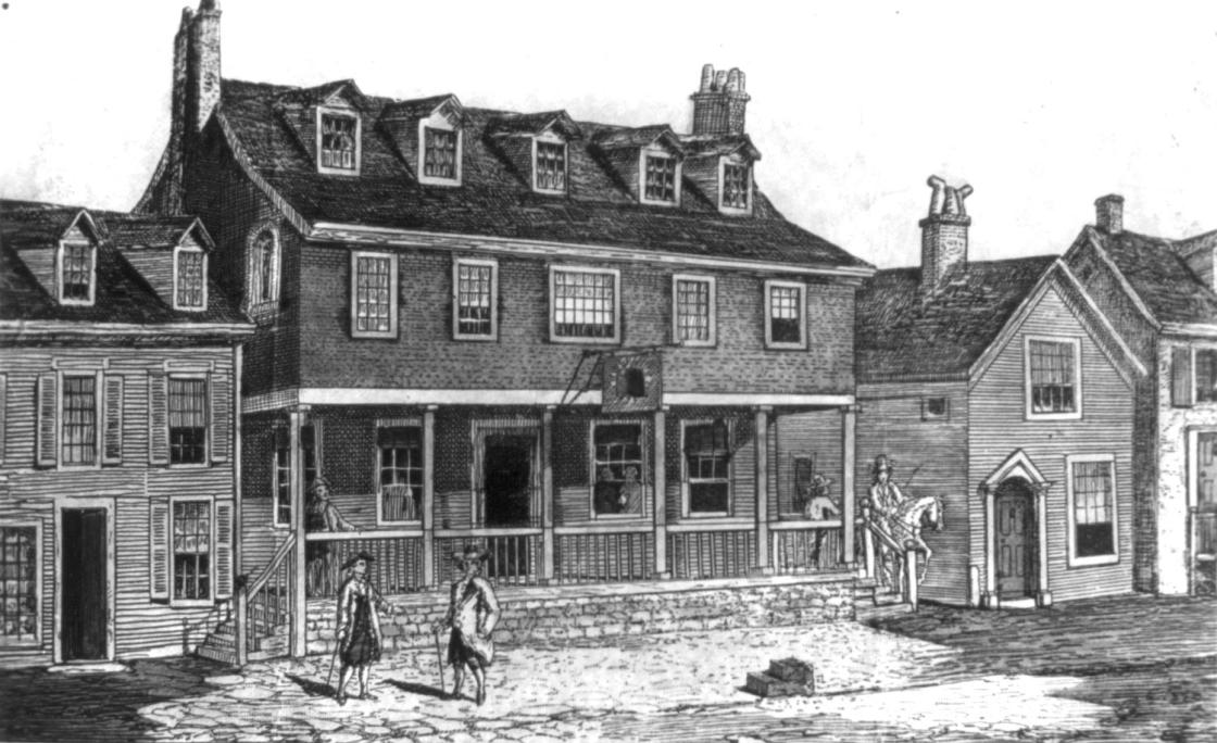 Black and white drawing of a colonial-era building with a porch on a cobble stone street on which several gentlemen stand