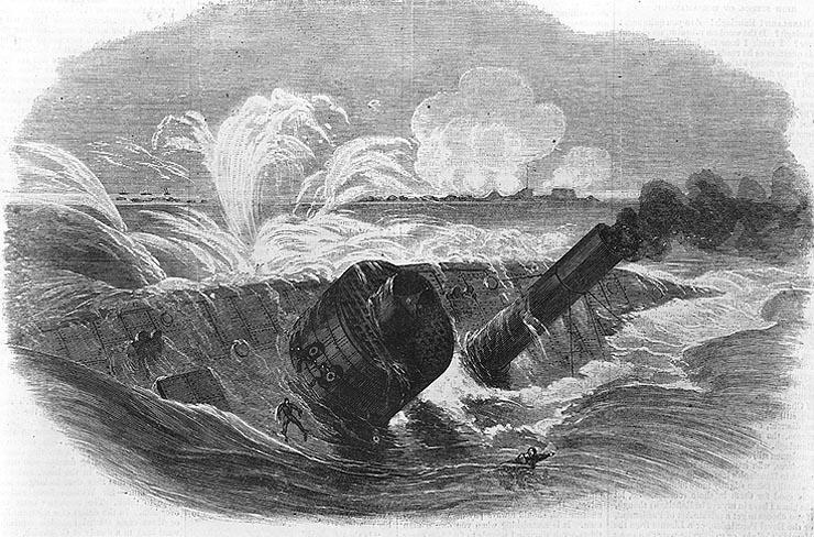 The USS Tecumseh strikes a mine and sinks