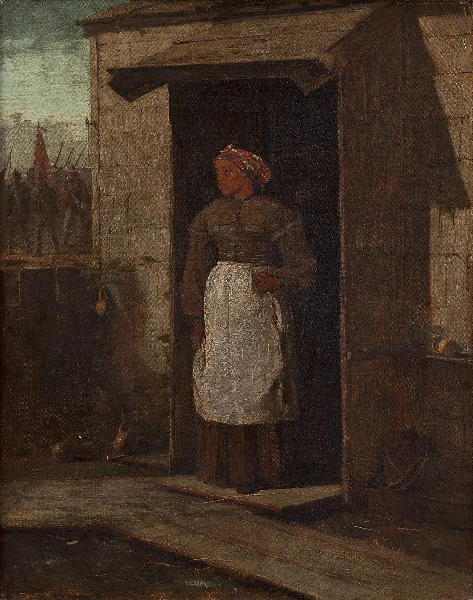 An oil painting of an African American woman standing in a doorway. In the back left corner, victorious Confederate soldiers are marching surrendered Union soldiers to Andersonville prison.